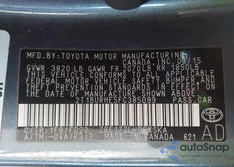 2015 Toyota Corolla S Plus из США, поврежденный, VIN 2T1BURHE5FC385099